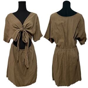 VETTA Convertible Wrap Mini Dress Linen Blend Khaki Olive Green USA Large